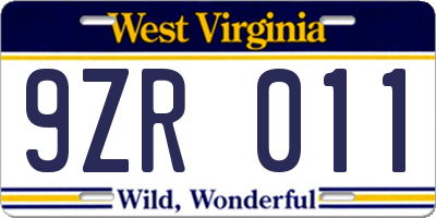 WV license plate 9ZR011