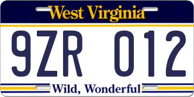 WV license plate 9ZR012