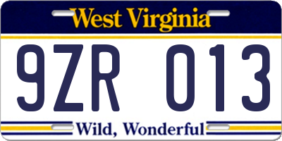 WV license plate 9ZR013