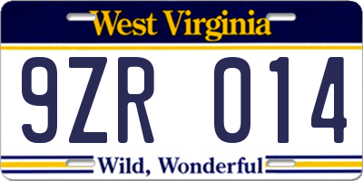 WV license plate 9ZR014