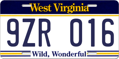 WV license plate 9ZR016