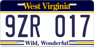 WV license plate 9ZR017