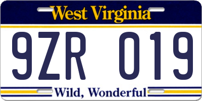 WV license plate 9ZR019