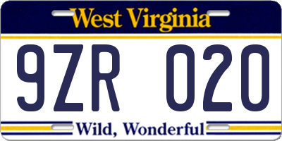 WV license plate 9ZR020