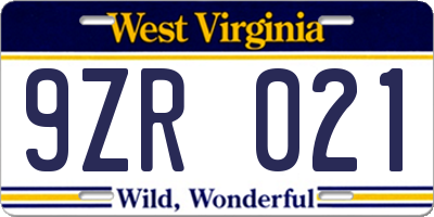 WV license plate 9ZR021