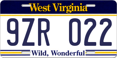 WV license plate 9ZR022