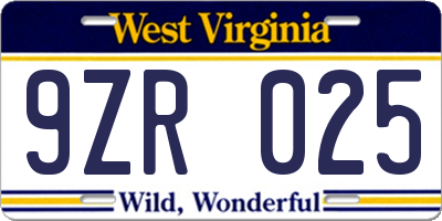 WV license plate 9ZR025