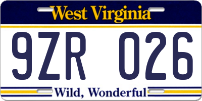 WV license plate 9ZR026