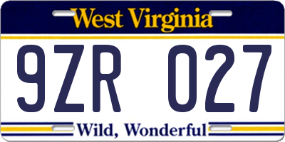 WV license plate 9ZR027