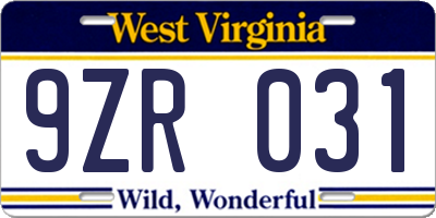 WV license plate 9ZR031