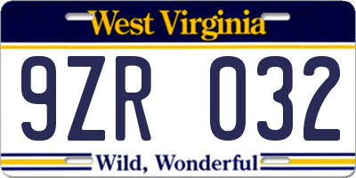 WV license plate 9ZR032