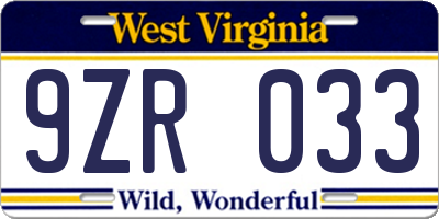 WV license plate 9ZR033