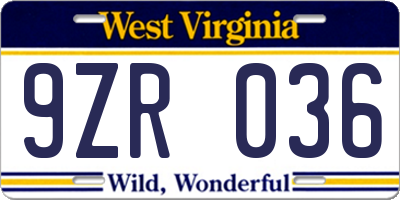 WV license plate 9ZR036