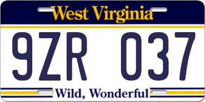 WV license plate 9ZR037