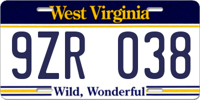 WV license plate 9ZR038
