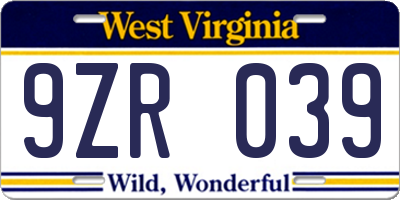 WV license plate 9ZR039