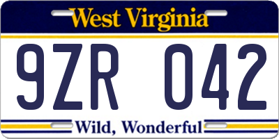 WV license plate 9ZR042