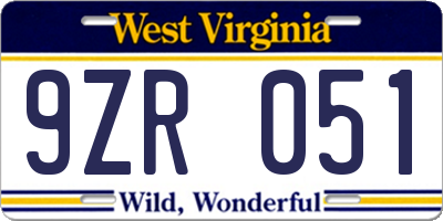 WV license plate 9ZR051