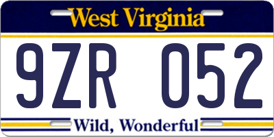 WV license plate 9ZR052