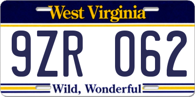 WV license plate 9ZR062