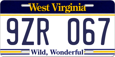 WV license plate 9ZR067