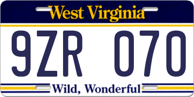 WV license plate 9ZR070