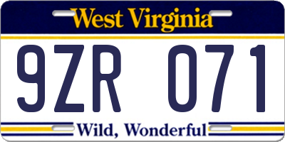 WV license plate 9ZR071