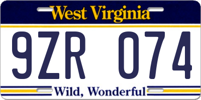 WV license plate 9ZR074