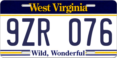 WV license plate 9ZR076