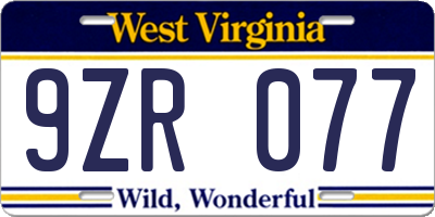 WV license plate 9ZR077