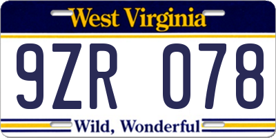 WV license plate 9ZR078
