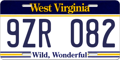 WV license plate 9ZR082