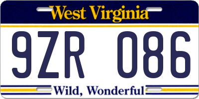WV license plate 9ZR086