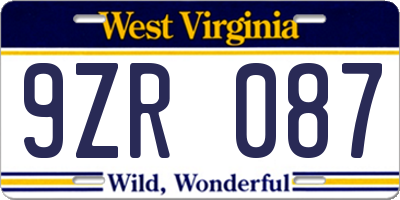 WV license plate 9ZR087