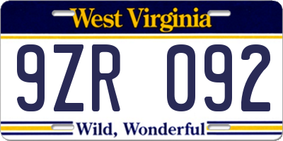 WV license plate 9ZR092