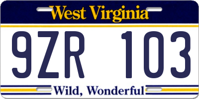 WV license plate 9ZR103