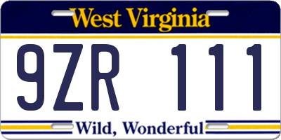 WV license plate 9ZR111
