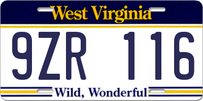WV license plate 9ZR116