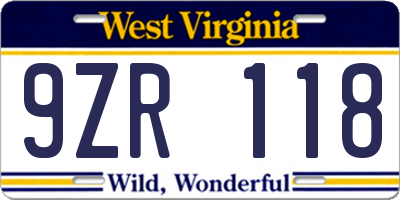 WV license plate 9ZR118