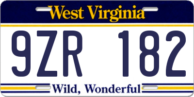 WV license plate 9ZR182