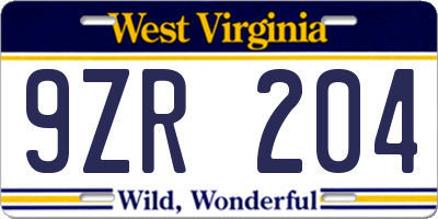 WV license plate 9ZR204