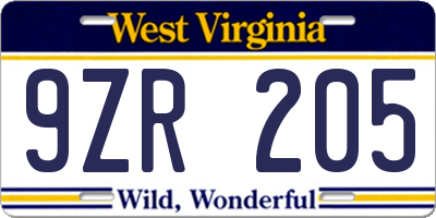 WV license plate 9ZR205