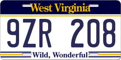 WV license plate 9ZR208