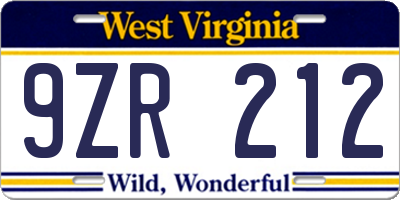 WV license plate 9ZR212