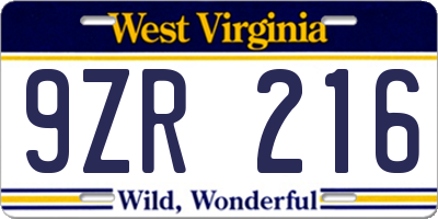 WV license plate 9ZR216