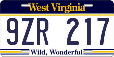 WV license plate 9ZR217