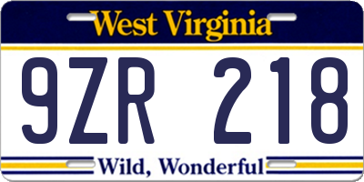 WV license plate 9ZR218