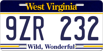 WV license plate 9ZR232