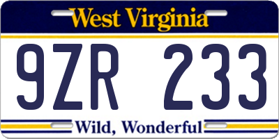 WV license plate 9ZR233