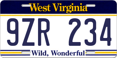 WV license plate 9ZR234